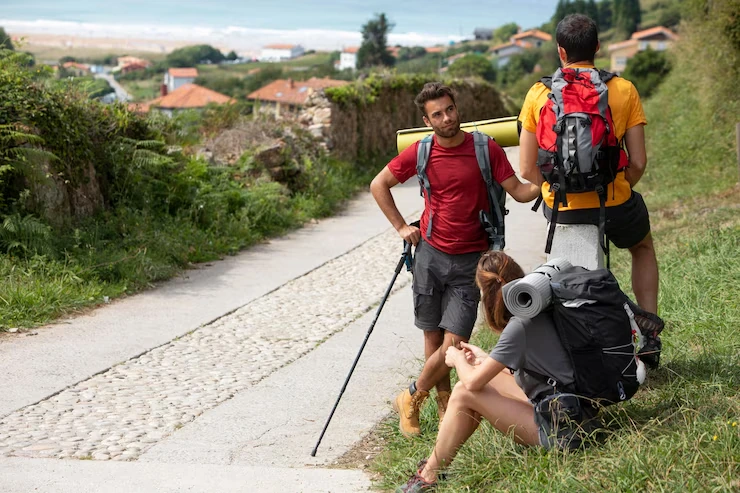 hikers-resting-and-talking-on-trail-with-backpacks